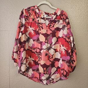 Liz Claiborne Floral Blouse XL Pink Red Boho  Lightweight Split Neck Top M749
